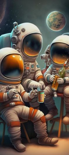 two astronauts sitting on stools in space drinking beer and looking at each other with the earth in the background