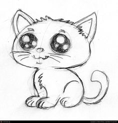 a drawing of a cat with big eyes sitting down and staring at the camera,