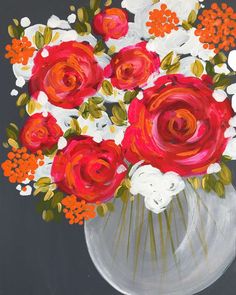 a painting of red and white flowers in a vase on a gray background with leaves