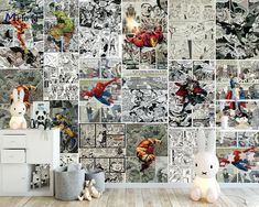 a wall covered in comic book pages with stuffed animals and toys on the floor next to it