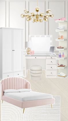 a bedroom with white walls and pink furniture