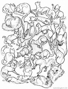 a drawing of many cats and dogs in black and white, with one cat on the ground