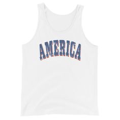 Gear up for summer holidays with our retro style America unisex tank -- great for men or women! Graphic is distressed for that instant vintage vibe. Looking for more 4th of July gear? Check these out: https://www.etsy.com/shop/TheGraphicPeach?ref=seller-platform-mcnav§ion_id=33390667 Our shop uses direct-to-garment printing to make our products. The design ink is sprayed on, then allowed to soak into the fibers of the garment. This process yields fine quality prints and a smooth finish on the ga Sporty Tank Top For College In Summer, Cotton Tank Top For College In Summer, Sporty Summer Tank Top For College, Casual Summer Tank Top For College, Retro Letter Print Tank Top, Summer Slogan Tank Top, Sleeveless Tops For College Summer, Sleeveless Summer Tops For College, Summer Crew Neck Tank Top With Letter Print