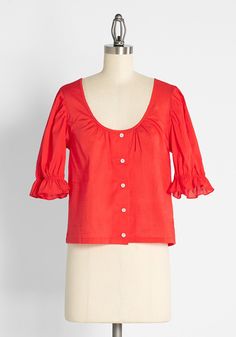 Are you swooning with us over this bright candy red-hued blouse from our ModCloth namesake label? Because we are in love ! Made from a lightweight woven fabric, this vintage-inspired cottagecore top boasts a scoop neckline with subtle gathering and button-up closure and short puff sleeves with elasticized ruffle cuffs. Such a perfectly refreshing boho-chic piece to celebrate the upcoming spring and summer seasons ! Cotton. Hand wash. Semi-sheer. Front button closure. Imported Fabric provides str Cottagecore Top, Candy Red, Latest Tops, Red Candy, Puff Sleeve Blouse, Love Me, Plus Size Tops, Vintage Tops, Puff Sleeves