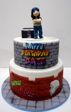 a birthday cake with a man standing on top of it