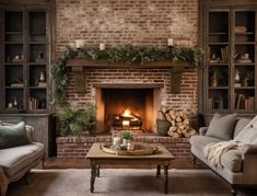 a living room filled with furniture and a fire place next to a brick wall covered in greenery