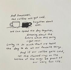 a handwritten poem on white paper with black ink and coffee mugs in the background