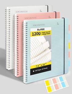 three spiral bound notebooks next to each other on a gray background with color swatches