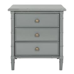 a grey nightstand with three drawers and two gold knobs on the bottom, against a white background