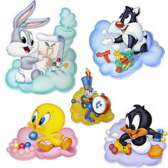 four cartoon animals are sitting on clouds and one is holding a toy duck, the other has