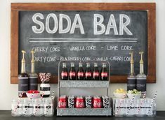 the soda bar is stocked with bottles and cans