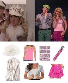 there are many different outfits and accessories on this page, including hats, vests, skirts, shirts, pants, shoes, and hair