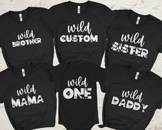 "Looking for matching family shirts for a jungle, safari or zoo themed birthday party. These cute shirts are perfect for a wild one birthday party for a little one turning 1. Wild One Family Matching shirts, Wild One Birthday Party, Safari Birthday, 1st birthday shirt, Jungle Birthday t-shirt, Wild mom shirt, Zoo  ⭐️HOW TO ORDER⭐️ Select your quantity of shirts in the specific colour/size and click \"ADD TO BASKET\"   Repeat as needed by returning to the listing button to add more shirts. Procee Black Shirt For Birthday And Mother's Day, Black Custom Print Top For Gender Reveal, Family Matching Tops With Funny Text For Birthdays, Black Custom Print T-shirt For First Birthday, Black T-shirt With Custom Print For First Birthday, Black Top With Name Print For Gender Reveal, Black Short Sleeve Top For First Birthday, Personalized Casual Top For First Birthday, Personalized Casual Tops For First Birthday