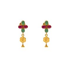 Discover the magnificence of Virani Jeweler's earring collection with this elegant pair of 22k gold and gemstone earrings. These opulent creations are a tribute to India's cultural heritage, combining traditional motifs with modern allure. The radiance of 22k gold enhances the beauty of precious emerald and ruby, creating a mesmerizing blend of opulence and sophistication. Adorn yourself with these Indian gold earrings and embrace the grace and elegance that Virani Jeweler curates. Features • 22 Festival Fusion 22k Gold Earrings, Festive 22k Gold Fusion Earrings, Festive Fusion Style 22k Gold Earrings, Festive Fusion Style Yellow Gold Earrings, Festive Fusion Yellow Gold Earrings, Ceremonial Gold Gemstone Earrings, Festive 22k Gold Ceremonial Earrings, 22k Gold Temple Jewelry Earrings For Ceremonial Occasions, Ceremonial 22k Gold Temple Jewelry Earrings