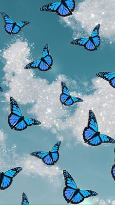 many blue butterflies flying in the sky