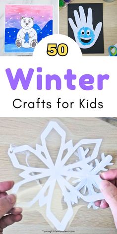 the words winter crafts for kids are shown with hands and snowflakes