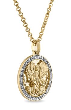 Encrusted diamonds surround an Saint Michael pendant that suspends from a 14-karat-gold-plated chain necklace. Total diamond weight: 0.25ct. 14k-gold plate with sterling silver/diamond Imported Diamond Guide Saint Michael Necklace, Pendant Chain Designs, St Michael Necklace, St Michael Pendant, Saint Michael, White Gold Chains, Diamond Guide, Mens Accessories Jewelry, Accessories Jewelry Necklace