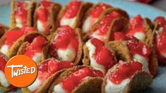 several desserts are arranged on a plate with the words twisted in front of them