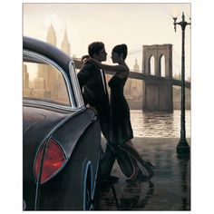 a man and woman standing next to an old car in front of the brooklyn bridge