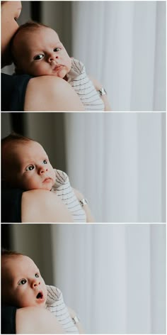 a woman holding a baby in her arms and looking at it's face with two different angles