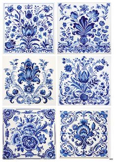 six blue and white tiles with floral designs