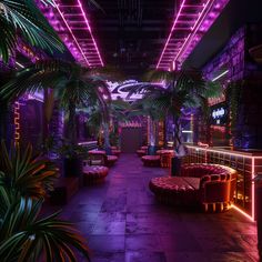 the interior of a bar with neon lights and palm trees