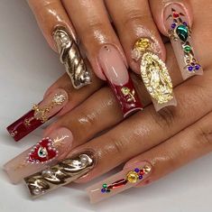 2000s Nails, Polish Painting, Red And Gold Nails, Cross Nails, Vintage Nails, Unique Acrylic Nails, Gem Nails, Foto Ideas Instagram