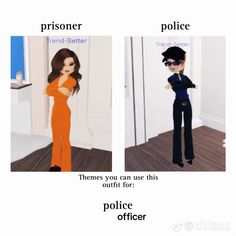 two different pictures of the same person in an orange dress and black hat, one is police officer