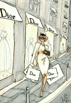 a drawing of a woman walking down the street with shopping bags in her hand and an ad for dior