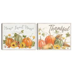 two canvases with pumpkins and sunflowers on them that say, home sweet home