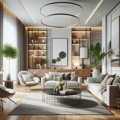 a living room filled with white furniture and lots of shelves on the wall behind it