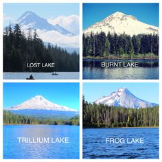 four different pictures with the words lost lake, burnt lake, trillium lake and frog lake