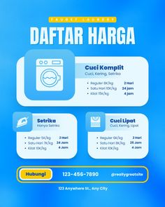 the flyer for daftar harga is shown in blue and yellow colors