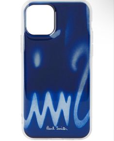 a blue phone case with the word wm in white writing on it, against a dark background