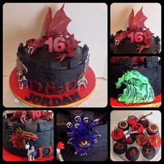 a collage of photos showing different cakes decorated with dragon decorations