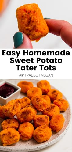 easy homemade sweet potato tater tots on a plate with dipping sauce in the background