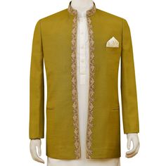 Hand-made prince coat for mehndi event | Deep green prince coat for mehndi Green Traditional Wear With Gold Embroidery For Eid, Green Bandhgala With Dabka Work For Transitional Season, Festive Outerwear With Dabka For Wedding, Designer Nehru Jacket With Gold Embroidery For Ceremonial Occasions, Traditional Green Kurta With Gold Embroidery, Festive Wedding Outerwear With Dabka Details, Bollywood Style Green Embroidered Nehru Jacket, Winter Festive Nehru Jacket With Dabka Work, Festive Wedding Outerwear With Dabka