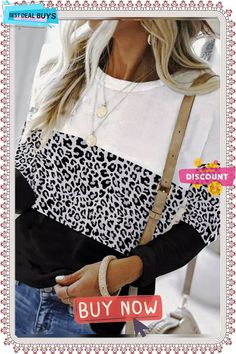 Leopard Color Block Long Sleeve Casual Regular Fit T-shirt Casual Printed Crew Neck Top, Long Sleeve Graphic Tee With Print, White Printed Crew Neck Top, Trendy Long Sleeve Printed T-shirt, White Printed Tops For Fall, Fall White Printed T-shirt, Casual White T-shirt For Fall, Trendy White Long Sleeve T-shirt, Fall Printed Crew Neck T-shirt