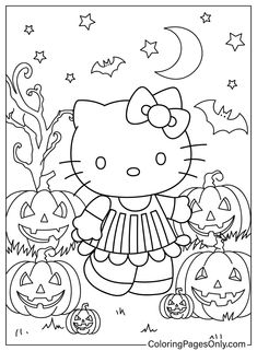 the hello kitty halloween coloring page with pumpkins and jack - o'lanternes