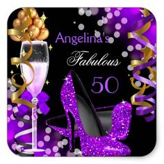 a purple high heel shoe and wine glass birthday card with the name fabulous 40 on it