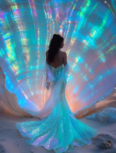 a woman is standing in front of an ocean shell with her back turned to the camera