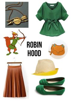 robin hood costume and accessories including shoes, purses, hat, belted skirt