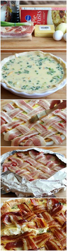 bacon wrapped pizzas are ready to be baked in the oven and served on tin foil