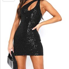 Sequin, One Shoulder, Mini Dress Chic Sequined Mini Bodycon Dress, Chic Stretch Sequin Sleeveless Dress, Chic Stretch Sleeveless Sequin Dress, Chic Sleeveless Stretch Sequin Dress, Chic Mini Dress With Sequins For Date Night, Chic Bodycon Sequin Dress For Club, Chic Club Bodycon Sequin Dress, Fitted Sequin Mini Dress For Going Out, Glamorous One Shoulder Dress For Going Out