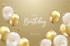 happy birthday card with gold and white balloons