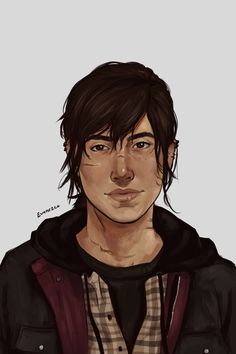 a drawing of a man with black hair and brown eyes, wearing a hoodie