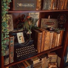 an old fashioned typewriter sitting on top of a wooden book shelf filled with books