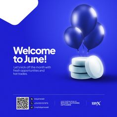 a blue and white advertisement with balloons in the shape of a heart, on a purple background