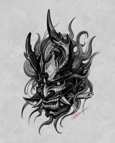 a drawing of a demon mask with long horns