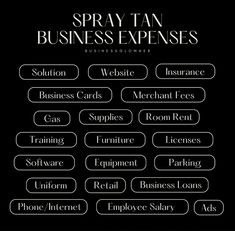 Just a reminder than many of the expenses you use to manage and run your spray tan business can be claimed as tax deductions. Equipment, solutions, client amenities like disposable undergarments and post-tan retail products, and even your website domain are business purchases that can be claimed during tax season. One of the most straightforward deductions in a spray tan business is the cost of supplies. This includes everything from the tanning solution itself to the disposable items used during client sessions. Equipment maintenance, marketing and advertising costs, merchant fees, and gas to and from clients can be deducted. These expenses are crucial for attracting and retaining clients, making them integral to the business's profitability and growth. Spray Tan Social Media Posts, Tanning Salon Marketing, Spray Tan Marketing Social Media, Spray Tan Guide, Spray Tan Business Marketing, Mobile Spray Tanning Business, Spray Tanning Business, Spray Tan Equipment, Spray Tan Marketing